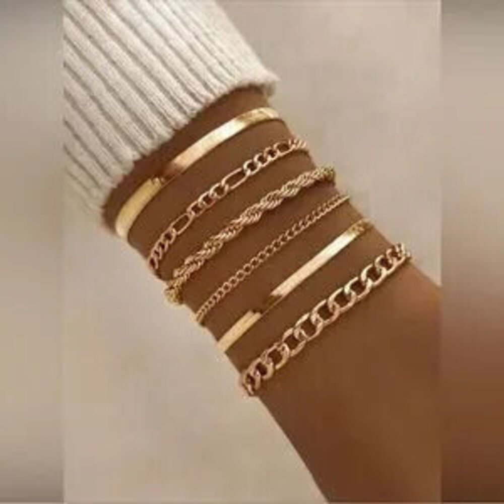Gold 6pc Dainty Minimalist Chain Bracelet Set | Layered Stacking Bangles